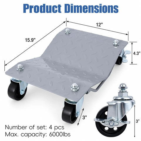 Rock Solid Heavy Duty Wheel Dolly Set Of Four With Smooth Swivel Wheels For Cars And Trucks 6000 Lbs Capacity dimensions shown