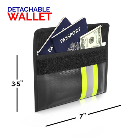 Detachable wallet from Fireproof And Waterproof Document Bag with passports and cash, reflective strip, size 3.5x7 inches.