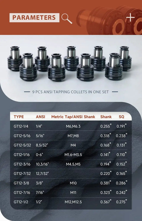 Versatile ANSI Tapping Collets Set For M16 Electric Tapping Machine With Nine Adapters in various sizes displayed in a row