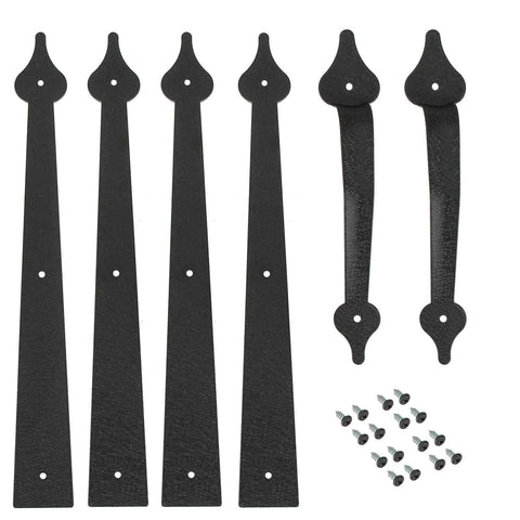 Decorative Garage Door Hinges And Handles Hardware Kit In Black Spear Style, screw mounted, includes 4 hinges and 2 handles with screws
