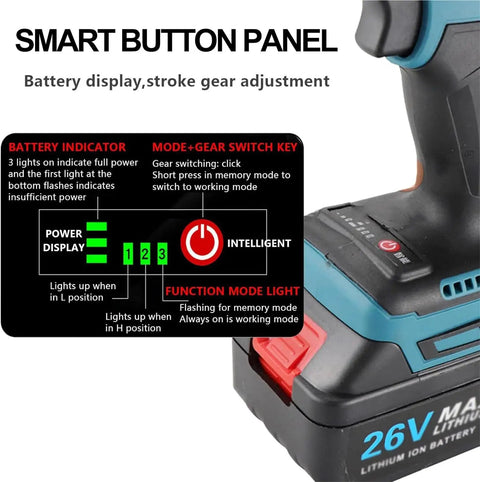 Cordless Electric Rivet Nut Gun With Rechargeable High Capacity Battery And Automatic Riveting For M3 Through M12 Sizes showing smart button panel and battery indicator.