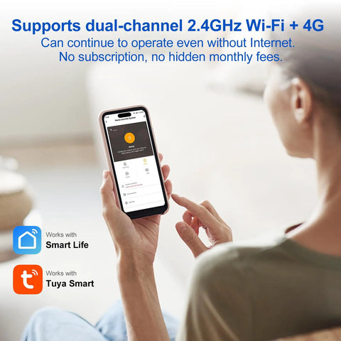 Person holding smartphone using Dual WiFi And 4G Home Alarm System With 4.3 Inch Touch Screen Instant App Alerts No Monthly Fees
