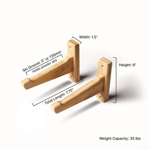 Top Shelf Heavy Duty Bamboo Ski Wall Mount Rack For Garage Storage, 6" height, 7.75" length, holds powder skis.