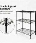 Heavy Duty 3 Tier Wire Shelving Rack, Adjustable Freestanding Storage Organizer showing stable support structure and non-slip leveling feet.