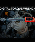 Digital 3/8 Inch Torque Wrench With Five Modes And Auto Buzz in use on motorcycle engine showing LED display, red color.