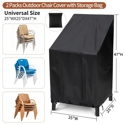 2 Pack Outdoor Chair Covers For Stackable Dining Chairs, Waterproof Weatherproof High Back Patio Covers, black cover on stacked chairs