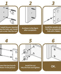 Top Shelf Three In One Cam Lock Fittings Set installation instructions for cabinet assembly, featuring cam screws and wooden plugs.