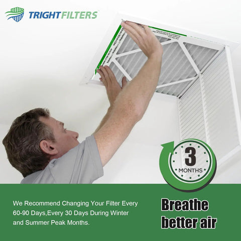 Person installing 10x10x1 Air Filter 6 Pack, Durable MERV 8 Pleated HVAC Replacement For Your Home AC Furnace in ceiling vent.
