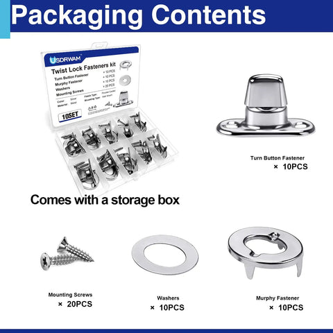 Whopping Ten Pack Heavy Duty Zinc Alloy Twist Lock Fasteners, Bulletproof Turn Buttons With Eyelet Screws For Canvas Tarps And Marine Gear components in storage box