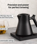 Corvo EKG Pro Electric Tea Kettle with Precise Temperature Control and Walnut Handle, 0.9L, Matte Black, on counter