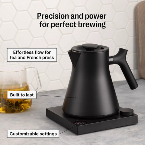 Corvo EKG Pro Electric Tea Kettle with Precise Temperature Control and Walnut Handle, 0.9L, Matte Black, on counter