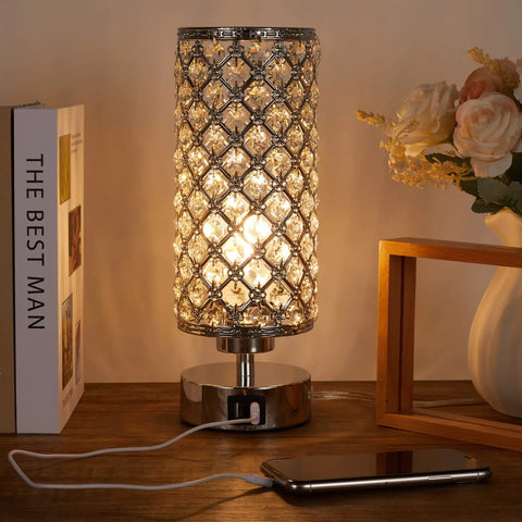 Lit Crystal Table Lamp Set With Dual USB Ports, Touch Control, 3 Way Dimmable Nightstand Lamps, acrylic chrome finish
