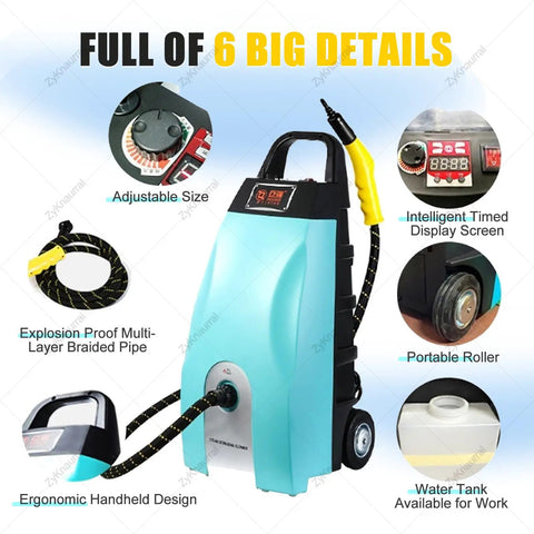 3000W Commercial Steam Cleaner With High Temp 3.5L Tank, adjustable size, explosion-proof pipe, portable with ergonomic design.