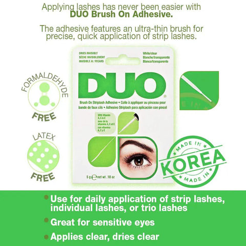 Brush On Clear Lash Glue Waterproof Strip Lash Adhesive With Vitamins A C And E packaging in green, hypoallergenic features displayed