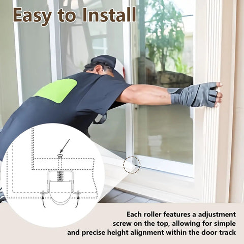 Person installing Four Pack Sliding Screen Door Rollers Replacement For Standard Doors with diagram showing adjustment screw details.