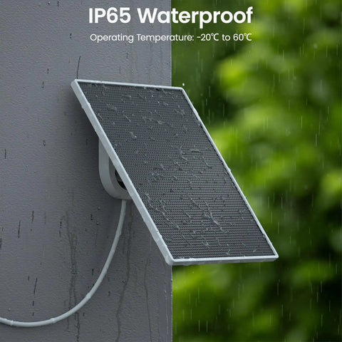 Hassle Free 3W Solar Panel For Wireless Outdoor Security Cameras With 7FT Type C Charging Cable attached to a wall, IP65 rated, waterproof.