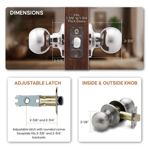 Dimensions and details of Passage Interior Door Knob Set Satin Stainless Heavy Duty Hardware With Easy Install And Reversible Design
