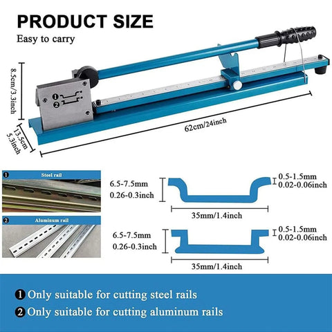 Heavy Duty Bench Mounted Din Rail Cutter For Wire Duct Trunking With 45 And 90 Degree Head And Measuring Ruler Pro Grade Tool size dimensions and cutting guide with markings.