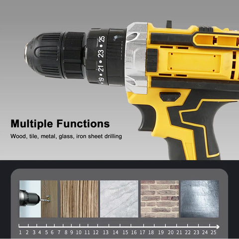 Heavy Duty Cordless Electric Drill Kit Loaded With Dual 21V Lithium Batteries Straight Up Variable Speed Control showing multifunction drill.