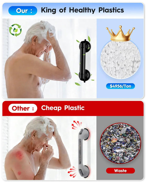Premium Upgraded Rock Solid Two Pack Shower Grab Bars For Bathroom Wall, Heavy Duty Non Slip Suction Handles With Zero Drilling Nonsense close-up in bathroom context