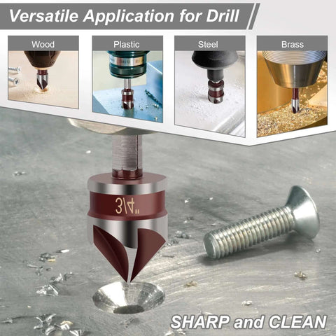 5-piece Amazon countersink drill bit set with 82-degree HSS bits and 1/4-inch hex shanks for wood, metal, and plastic.