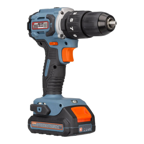 Close-up of Cordless 20-Volt Max 1/2-Inch Hammer Drill Driver showing handle and drill bit chuck for DIY projects.