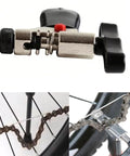 Chain Repair And Maintenance Tools Kit With Link Pliers Chain Breaker Splitter Chain Checker Missing Links And Chaingang Cleaning Brush; close-up of chain breaker and splitter tool with bicycle chain application.