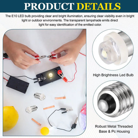 Genuine Premium E10 Screw Base Led Bulbs Dual Pack Dc 6 To 6 3v 0 75w Mini Indicator Lamp setup with hands connecting clips.