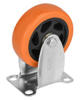 Glow Up Your Garage With These Smooth Rolling Four Inch Caster Wheels Set Of Four Designed For Peak Performance Featuring A Tough As Nails 2200 Pound Load Rating For Furniture And Tool Carts. Close-up of one orange polyurethane four inch caster with metal plate.