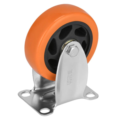 Glow Up Your Garage With These Smooth Rolling Four Inch Caster Wheels Set Of Four Designed For Peak Performance Featuring A Tough As Nails 2200 Pound Load Rating For Furniture And Tool Carts. Close-up of one orange polyurethane four inch caster with metal plate.