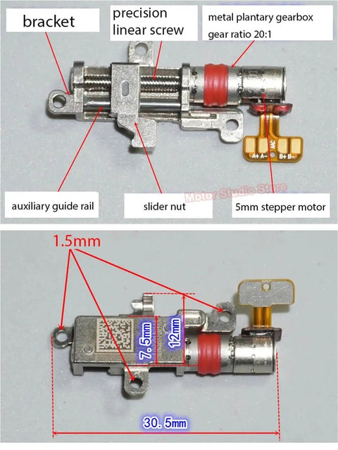 Close-up of Compact 5mm Hybrid Gear Stepper Motor Offering Dead Nuts Precise Reduction shown with precision linear screw and bracket.