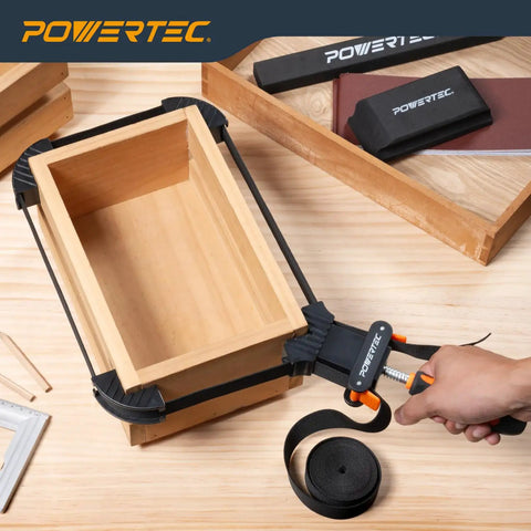 Strap Clamp Set For Woodworking With Quick Release Levers, Ergonomic Handle, Adjustable Picture Frame Clamp in use on wooden box