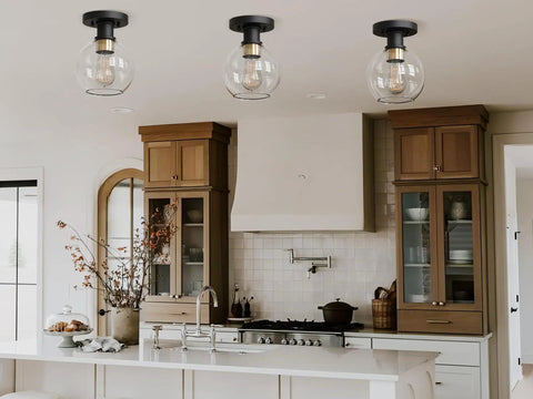 Kitchen with Modern Farmhouse 1 Light Flush Mount Ceiling Light With Clear Glass Globe In Black And Gold Finish Installed