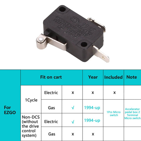 Golf Cart Accelerator Pedal Box Micro Switch For EZGO TXT 1994 Up Replacement 25861G01 with compatibility chart