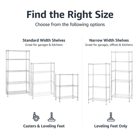 Image showing various sizes of Five Shelf Adjustable Wire Storage Rack Heavy Duty Shelving Unit With Mobile Casters Chrome Steel Build.