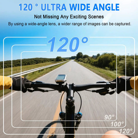 Cyclist view showcasing 120° wide angle on road, highlighting lens capability of Thumb Size 1080P Wearable Body Camera With 64GB Card.
