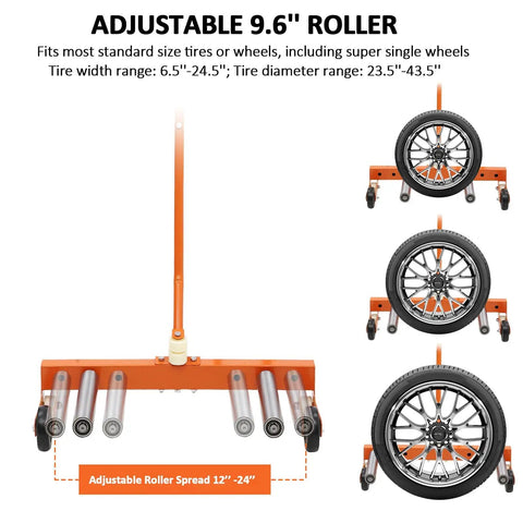 Built Like A Tank Heavy Duty Tire Dolly With 350 Lbs Capacity And Industrial Grade Steel Frame Featuring Smooth Swivel Casters For No Sweat Garage Auto Repair Shop Work with adjustable roller and tire specifications.