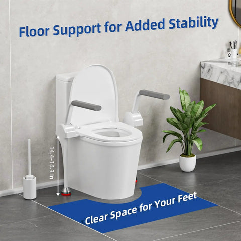 Toilet Safety Rails For Seniors Featuring Flip Up Arm Rests And Height Adjustable Rear Legs For Smooth Standing Help and firm bathroom grip near toilet.