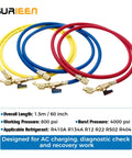 60 Inch Refrigerant Charging Hose With Ball Valves For R410A R134A R22 R12 R502 R404 With One Quarter Inch SAE Fittings