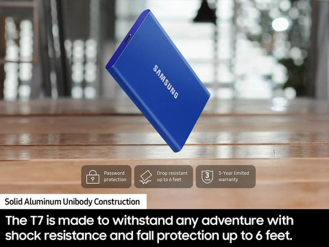 Blue T7 Portable SSD 1TB External Solid State Drive with USB 3.2 Gen 2, shown floating, features durable aluminum body for shock resistance.