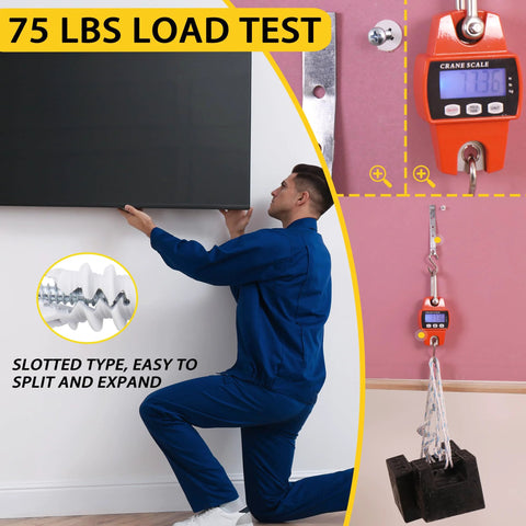 Man testing 75 lbs load capacity with 60Pcs Self Drilling Drywall Anchors And 8 Screws Heavy Duty Wall Anchors For Drywall