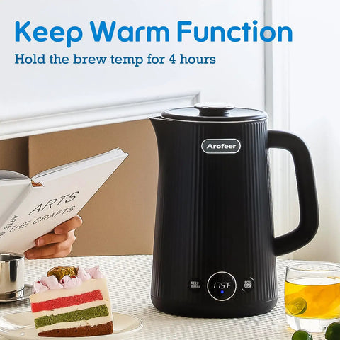 1.7L Large Electric Kettle With Temperature Control, 7 Cup Capacity Black, shown on kitchen counter next to food.