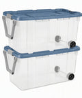 2 Pack 160 Quart Heavy Duty Rolling Storage Bins With Clear Transparent Walls And Tough Latching Lids For Smooth Glide Action stacked with wheels.