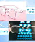 Women Anti Fog Safety Glasses Featuring Crystal Clear Protective Vision And Scratch Resistant Shields Built For Outdoor Cycling And Daily Tasks Delivers Zero Haze Clarity And Smooth Featherlight Comfort That Stays Secure On Your Face viewed from the side on a pink surface.