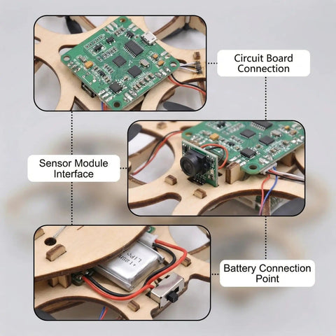 DIY Wooden RC Drone Kit For Adults And Beginners Build Your Own Quadcopter With Gyroscope Remote Control 3D Building Blocks A Hands On STEM Project For Learning Electronics And Flight showing circuit board, sensor, and battery connections.