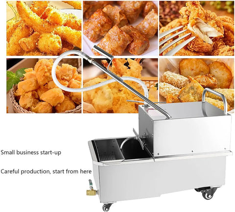 Dude, this 550W Commercial Fryer Oil Filter Machine with 65L stainless steel tank and filtration hose next to fried food images.
