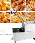 Huge 65 Liter Commercial Fryer Filter Machine Pump System Stainless Steel Oil Filtration Unit For Restaurant Kitchens with fried food.