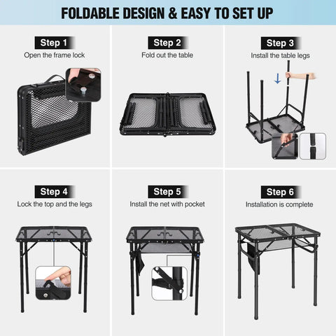 Assembly steps for Foldable Grill Table For Outdoors, Lightweight Aluminum Frame, Height Adjustable From Low To Tall