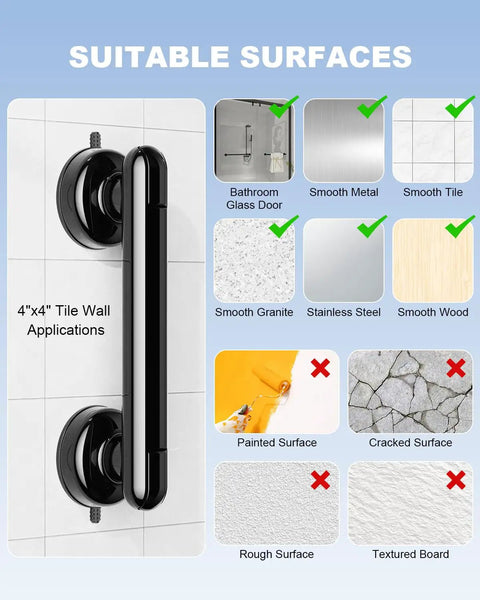 Upgraded No Drill Suction Shower Grab Bar With Solid Grip on 4"x4" tile wall, showcasing suitable surfaces for installation.