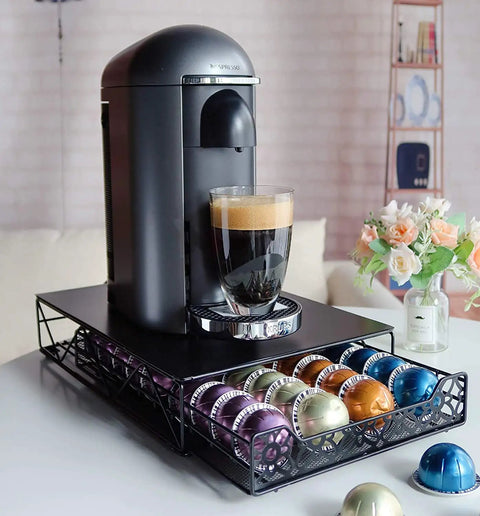 Coffee Pod Drawer Organizer Compatible With Vertuoline Vertuo Holds Up To 40 Pods in Black Finish with coffee maker on top
